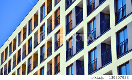 Downtown modern residential architecture. Architectural details of modern apartment building. Modern european residential apartment building complex. 139507928