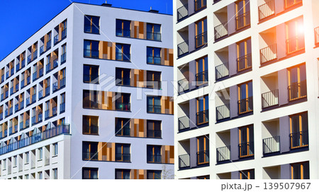 Downtown modern residential architecture. Architectural details of modern apartment building. Modern european residential apartment building complex. 139507967