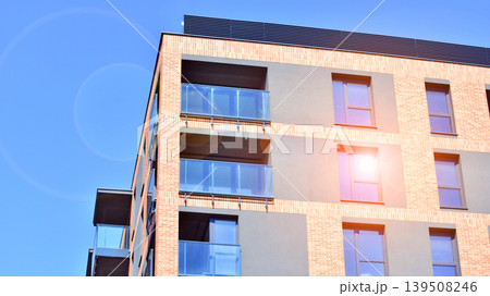 Downtown modern residential architecture. Architectural details of modern apartment building. Modern european residential apartment building complex. 139508246