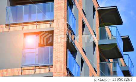Downtown modern residential architecture. Architectural details of modern apartment building. Modern european residential apartment building complex. 139508263