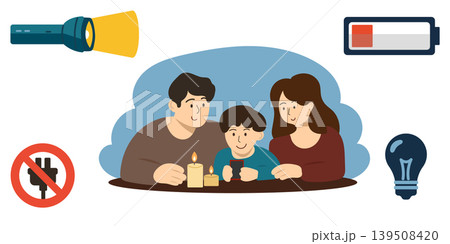 Family in blackout with candle flashlight and low battery Family in blackout with candle flashlight and low battery 139508420