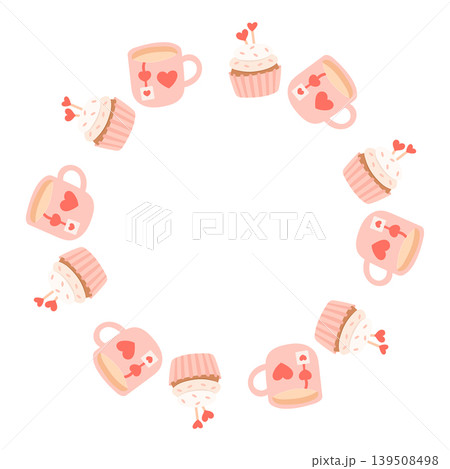 Cupcake and tea mug wreath with heart pattern Cupcake and tea mug wreath with heart pattern 139508498