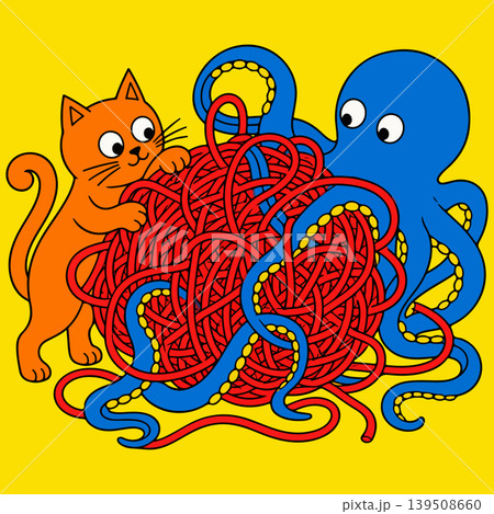 Cat and Octopus with Yarn Ball Cat and Octopus with Yarn Ball 139508660