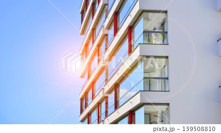 Downtown modern residential architecture. Architectural details of modern apartment building. Modern european residential apartment building complex. 139508810