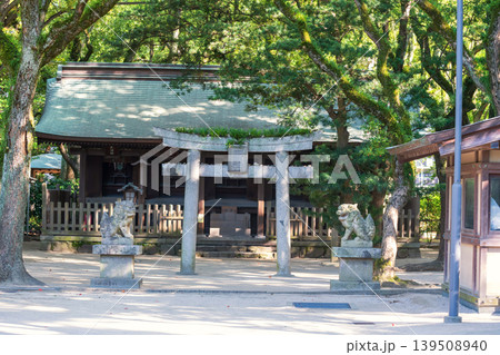 Torii gate and lion guardian statue at Hakozaki Shrine, Fukuoka Torii gate and lion guardian statue at Hakozaki Shrine, Fukuoka 139508940