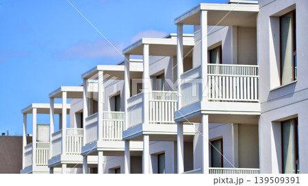 Downtown modern residential architecture. Architectural details of modern apartment building. Modern european residential apartment building complex. 139509391
