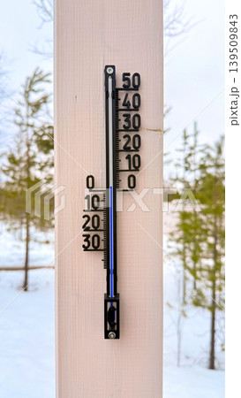 Outdoor Thermometer in Snowy Winter Forest Showing Cold Temperature 139509843