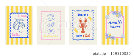 Amalfi coast posters set with yellow lemons lobster and italian pasta on striped background Amalfi coast posters set with yellow lemons lobster and italian pasta on striped background 139510020
