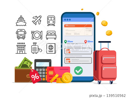 Online Travel Booking App with Suitcase and Icons Stock Illustration. 139510562