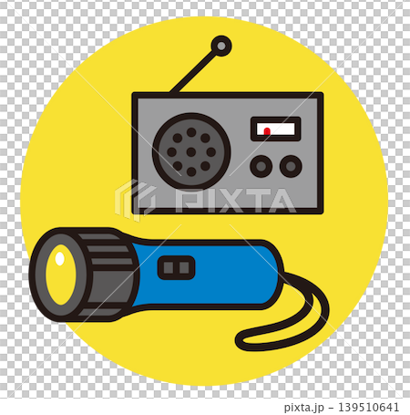 收音機和手電筒圖示。家用電器和災難救援插圖。 收音機和手電筒圖示。家用電器和災難救援插圖。 139510641