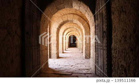 Ancient stone corridor with repeating arches and heavy wooden doors illuminated by warm natural light, Ancient stone corridor with repeating arches and heavy wooden doors illuminated by warm natural light, 139511166