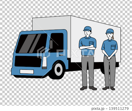 送貨員,一男一女,站在卡車前面。 送貨員,一男一女,站在卡車前面。 139511279