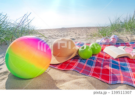 Beach picnic setup with blanket, book, hat and apples 139511307
