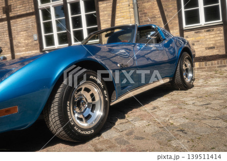 Berlin, Germany - May 2, 2026. Blue Chevrolet Corvette Stingray detail 139511414