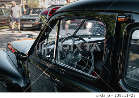 Berlin, Germany - May 2, 2026. Volvo classic car interior at Oldtimer Open Air 139511425