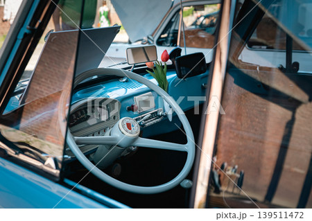 Berlin, Germany - May 2, 2026. Blue classic car interior at Oldtimer Open Air 139511472