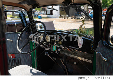 Berlin, Germany - May 2, 2026. Interior of vintage Austin car 139511473