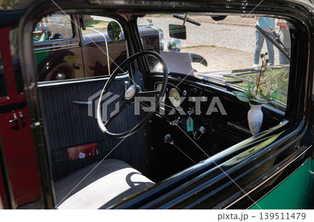 Berlin, Germany - May 2, 2026. Interior of vintage Austin car 139511479