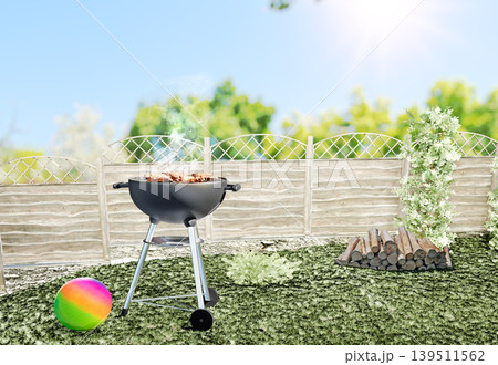 Outdoor barbecue grill in sunny backyard with green plants, 3d illustration Outdoor barbecue grill in sunny backyard with green plants, 3d illustration 139511562