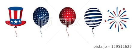 Patriotic set for Independence Day featuring 4th of July themed balloons, fireworks. Red, white, and blue colors with stars and stripes for American celebrations. 4th July celebration icons decoration 139511623