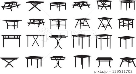 The image shows 20 different black silhouettes of picnic tables and benches in various designs and configurations all placed on a white background the tables vary in shape and size some are simple wit The image shows 20 different black silhouettes of picnic tables and benches in various designs and configurations all placed on a white background the tables vary in shape and size some are simple wit 139511702
