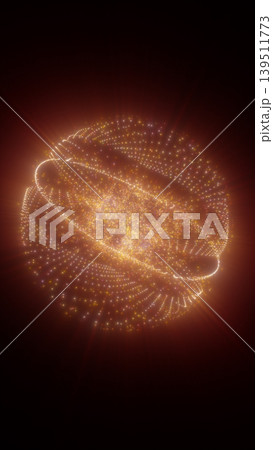 Abstract golden particle sphere with sparkling dots and radiant light, suggesting a digital planet or energy core. Abstract golden particle sphere with sparkling dots and radiant light, suggesting a digital planet or energy core. 139511773