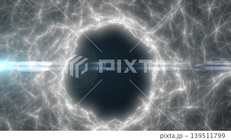 White glowing energy portal with electric halo and lens flare on a futuristic wireframe network grid, abstract sci-fi technology background 139511799
