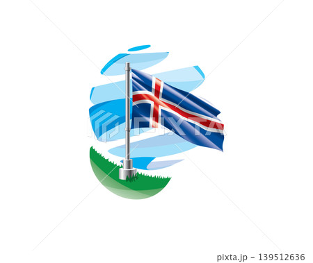 Icelandic flag on a green lawn against a background of blue abstract sky Icelandic flag on a green lawn against a background of blue abstract sky 139512636