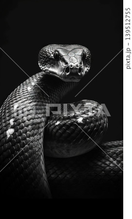 Close up portrait of a coiled snake in dramatic black and white Close up portrait of a coiled snake in dramatic black and white 139512755