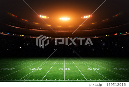 IIIuminated American Football Stadium at night with empty field. 139512916