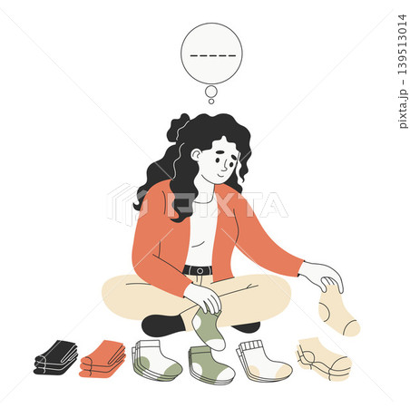 Neurodiversity Life. Autistic Woman Organizing Socks by Color for Sensory Relaxation. Silent Order and Mindfulness Practice. Repetitive Behavior for Stress Relief, Harmony. Vector Illustration. Neurodiversity Life. Autistic Woman Organizing Socks by Color for Sensory Relaxation. Silent Order and Mindfulness Practice. Repetitive Behavior for Stress Relief, Harmony. Vector Illustration. 139513014