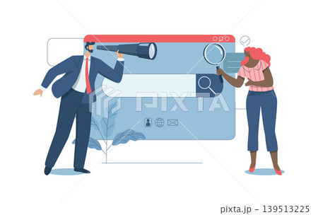 Search engine optimization, SEO. Analyze website page statistics, Internet marketing concepts, Man with telescope and women searching online with magnifying glass in web browser bar. Vector design. Search engine optimization, SEO. Analyze website page statistics, Internet marketing concepts, Man with telescope and women searching online with magnifying glass in web browser bar. Vector design. 139513225