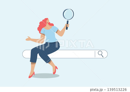 Search engine optimization, Internet marketing concepts, Analyze website page statistics, Woman with magnifying glass sitting on bar in web browser. Searching for information online. Search engine optimization, Internet marketing concepts, Analyze website page statistics, Woman with magnifying glass sitting on bar in web browser. Searching for information online. 139513226