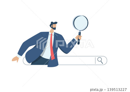 Search engine optimization, Analyze website page statistics, Internet marketing concepts, Man with magnifying glass coming out of web browser bar. Searching for information online. Search engine optimization, Analyze website page statistics, Internet marketing concepts, Man with magnifying glass coming out of web browser bar. Searching for information online. 139513227