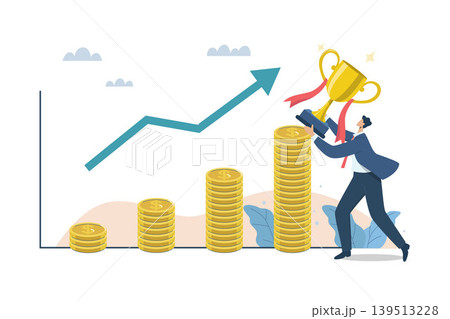 Success from business investments, Business profit growth, Stock market returns, Financial success concept, Businessman holding up trophy and high growth financial graph. Vector design illustration. 139513228