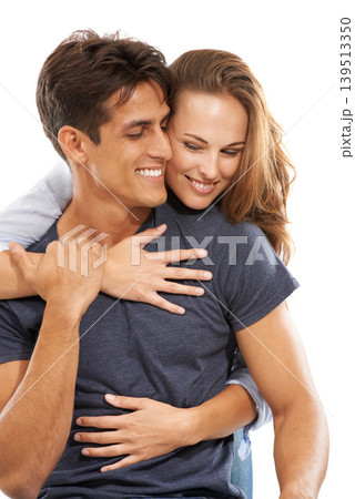 Happy couple, hug and love in embrace, care or compassion for trust against a white studio background. Handsome man and young woman smile for romance, affection or relationship together on mockup Happy couple, hug and love in embrace, care or compassion for trust against a white studio background. Handsome man and young woman smile for romance, affection or relationship together on mockup 139513350