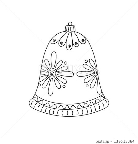 Festive bauble in form of bell Christmas tree decor doodle outline hand drawn simple vector illustration for winter holidays seasonal greeting card, invitation, sticker, line art clipart 139513364