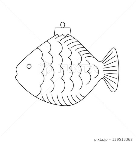 Festive bauble in form of fish Christmas tree decor doodle outline hand drawn simple vector illustration for winter holidays seasonal greeting card, invitation, sticker, line art clipart Festive bauble in form of fish Christmas tree decor doodle outline hand drawn simple vector illustration for winter holidays seasonal greeting card, invitation, sticker, line art clipart 139513368