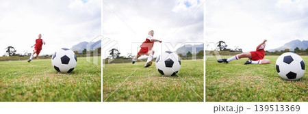 Boy, soccer and collage of slide tackle on green grass or field for outdoor match or game. Male person, child or football player of kid playing with ball for sports competition on stadium in nature 139513369