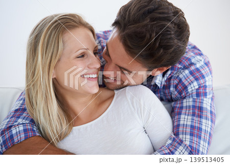 Happy couple, smile and romance with hug, marriage and embrace for love, home and couch. Wife, husband and house for commitment, bonding together and soulmate for relationship, man and woman Happy couple, smile and romance with hug, marriage and embrace for love, home and couch. Wife, husband and house for commitment, bonding together and soulmate for relationship, man and woman 139513405