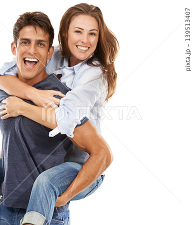 Happy couple, portrait and hug on piggyback for care, love or compassion on a white studio background. Handsome man and young woman smile for romance, affection or fun relationship together on mockup Happy couple, portrait and hug on piggyback for care, love or compassion on a white studio background. Handsome man and young woman smile for romance, affection or fun relationship together on mockup 139513407