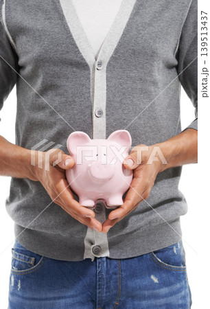 Person, hands or piggy bank in studio for investment, safety of finance or economy on white background. Closeup, financial savings or moneybox for investing income, funding or growth of future wealth Person, hands or piggy bank in studio for investment, safety of finance or economy on white background. Closeup, financial savings or moneybox for investing income, funding or growth of future wealth 139513437