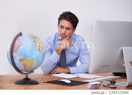 Thinking, earth or businessman with travel ideas or worldwide destination choice in office. Writing notes, brainstorming or professional agent with map of planet for geography or international trip 139513504