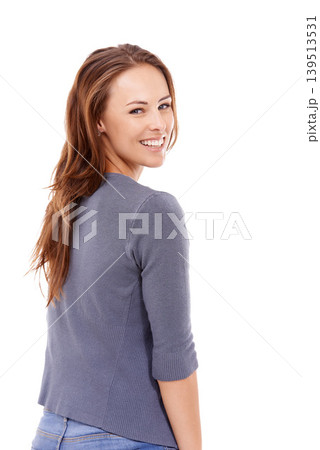 Portrait, fashion and smile with back of woman in studio isolated on white background for casual style. Relax, trendy and clothes with happy young redhead model over the shoulder in casual outfit 139513531