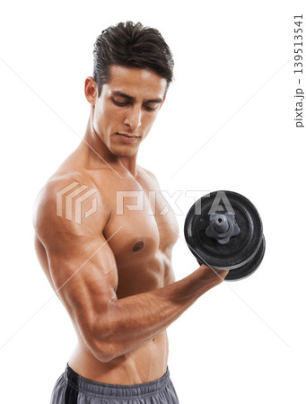Man, dumbbell and exercise in studio for fitness, wellness and healthy body with workout or training. Person, athlete or physical activity for muscles, bicep and shirtless on white background for abs Man, dumbbell and exercise in studio for fitness, wellness and healthy body with workout or training. Person, athlete or physical activity for muscles, bicep and shirtless on white background for abs 139513541