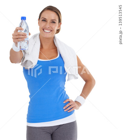 Woman, fitness offer and water bottle in studio for health, wellness and exercise on a white background. Portrait of happy person or sports model with towel and liquid for energy, gym and training Woman, fitness offer and water bottle in studio for health, wellness and exercise on a white background. Portrait of happy person or sports model with towel and liquid for energy, gym and training 139513545