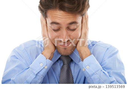 Face, stress and anxiety with business man in studio isolated on white background for deadline pressure. Headache, burnout and mental health with young employee eyes closed for audit frustration Face, stress and anxiety with business man in studio isolated on white background for deadline pressure. Headache, burnout and mental health with young employee eyes closed for audit frustration 139513569