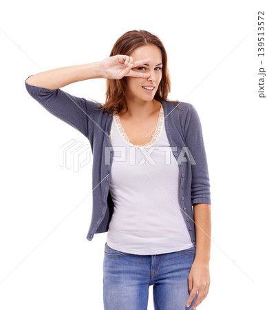Portrait, fashion and peace sign on eye of woman in studio isolated on white background for style. Smile, trendy and hand gesture with happy young model person in casual or relaxed clothes outfit Portrait, fashion and peace sign on eye of woman in studio isolated on white background for style. Smile, trendy and hand gesture with happy young model person in casual or relaxed clothes outfit 139513572