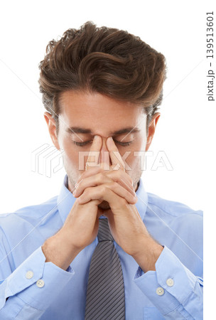 Business man, headache and frustrated, annoyed and serious crisis at law firm with prayer isolated on white background. Burnout, overworked and praying, lawyer fail in case or mistake in a studio 139513601