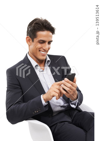 Man, smartphone and business communication with email, scroll online or internet search on white background. Social media, mobile app for professional research and reading information on website 139513614